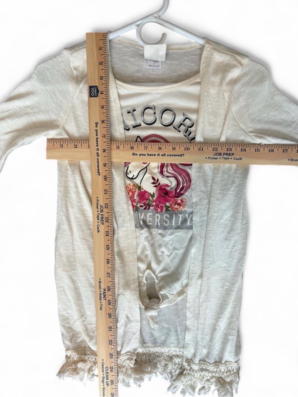 Girls Cream Unicorn Graphic Long Sleeve Top with Fringe Hem - Picture 6 of 6
